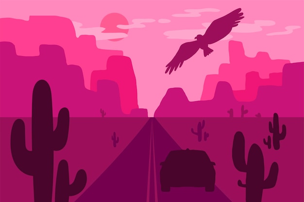 Paysage désertique avec aigle, cactus et soleil. far west. vecteur