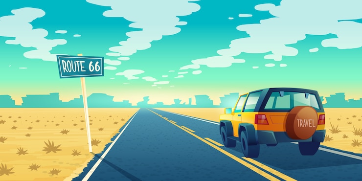 Vecteur gratuit paysage de dessin animé de désert stérile avec longue route. promenades en voiture sur la route goudronnée jusqu&#39;au canyon