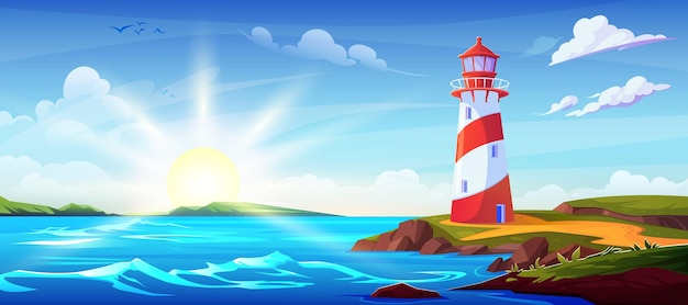 Vecteur gratuit paysage de dessin animé d'été avec phare sur la côte rocheuse de l'océan ou de la mer illustration panoramique vectorielle du rivage avec phare lumineux tour sur la falaise ondulée ciel bleu de l'eau avec soleil et nuages