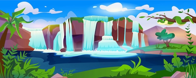 Vecteur gratuit paysage de dessin animé de forêt de jungle avec cascade de cascade et plantes vertes