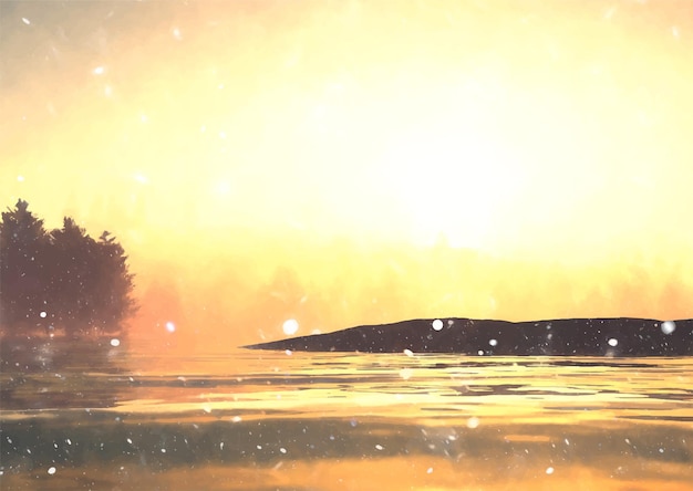 Paysage détaillé du solstice d'hiver aquarelle peint à la main au coucher du soleil