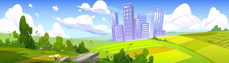 Vecteur gratuit paysage d'été avec des champs et des bâtiments de la ville