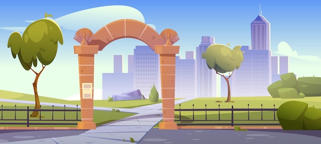 Vecteur gratuit paysage d'été avec entrée en arc de pierre au parc public, clôture métallique et bâtiments de la ville sur l'horizon. illustration de dessin animé de vecteur de jardin de ville avec le portail d'arcade, les gratte-ciel, l'herbe verte et les arbres