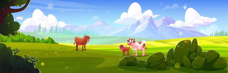 Vecteur gratuit paysage d'été de la ferme avec des pâturages de vaches
