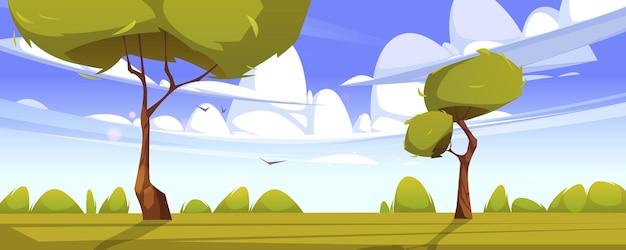 Vecteur gratuit paysage d'été avec de l'herbe verte, des buissons et des arbres. illustration de dessin animé de vecteur de scène de nature avec pelouse de printemps, nuages et oiseaux volants dans le ciel bleu. paysage rural de prairie, de pâturage ou de jardin