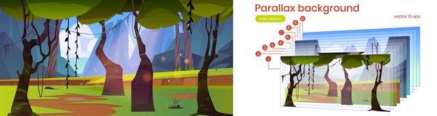 Vecteur gratuit paysage d'été avec jungle, montagnes et mer à l'horizon. fond de parallaxe de vecteur pour l'animation 2d avec illustration de dessin animé de forêt tropicale avec arbres verts, herbe, lianes et rochers