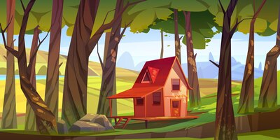 Paysage d'été avec maison en bois et champs