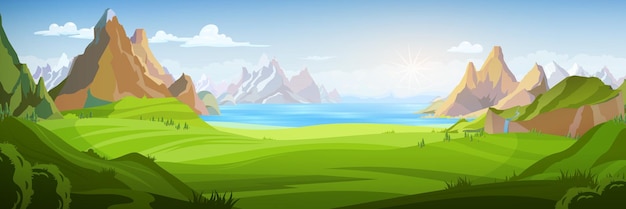 Vecteur gratuit paysage d'été avec vue sur les montagnes de la vallée verte et l'illustration vectorielle plane du lac