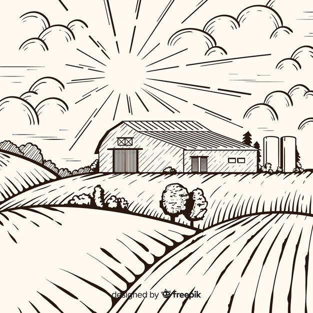 Paysage de ferme dessiné à la main