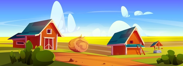 Vecteur gratuit paysage de ferme de dessins animés avec une balle de foin de grange en bois rouge et un puits d'eau dans le champ sous un ciel bleu avec des nuages illustration vectorielle d'un paysage de ranch de campagne rurale avec une maison agricole sur le pré