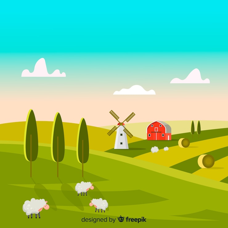 Vecteur gratuit paysage de ferme plat