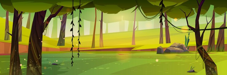 Vecteur gratuit paysage forestier dessin animé nature fond d'été