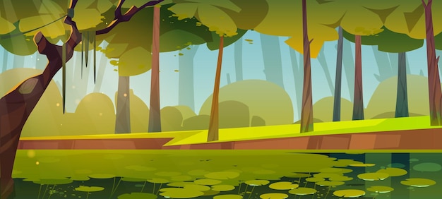 Vecteur gratuit paysage forestier d'été avec marécage illustration vectorielle de dessin animé d'étang avec nénuphars herbe verte et arbres parc naturel jardin ou bois profond avec lac