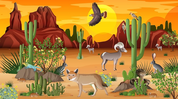 Vecteur gratuit paysage de forêt désertique au coucher du soleil avec des animaux sauvages