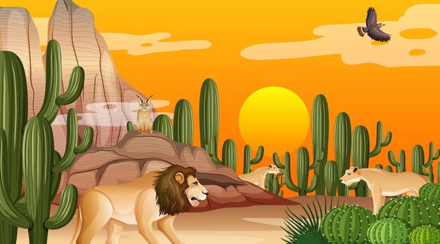 Paysage de forêt désertique au coucher du soleil avec des animaux sauvages