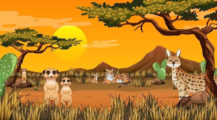 Vecteur gratuit paysage de forêt désertique au coucher du soleil avec des animaux sauvages