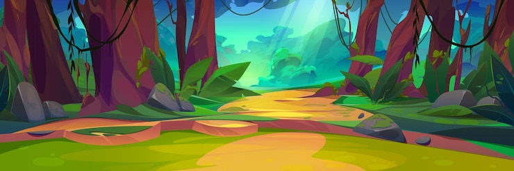 Vecteur gratuit paysage de forêt de jungle d'été avec rayon de lumière du soleil