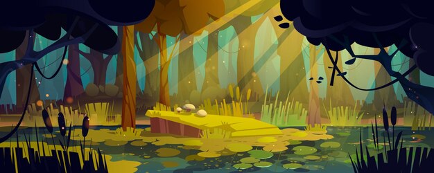 Paysage de forêt profonde avec marécage Illustration de dessin animé de vecteur de bois mystérieux avec de vieux arbres champignons sur feuilles de nénuphar vert clairière sur le lac entouré de roseaux rayons de lumière du soleil