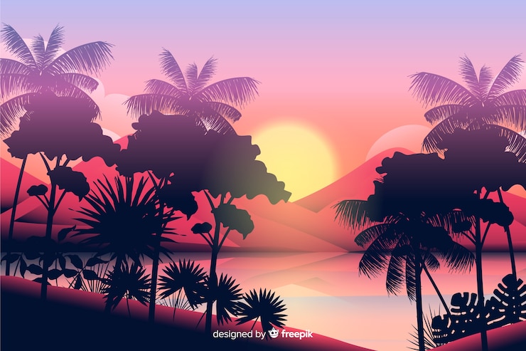 Vecteur gratuit paysage de forêt tropicale avec vue sur le lever du soleil