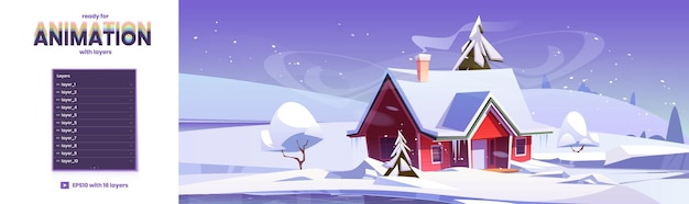 Paysage d'hiver avec champs de neige de maison et lac gelé Fond de parallaxe de vecteur prêt pour l'animation 2d avec illustration de dessin animé de patinoire de neige et chalet de village