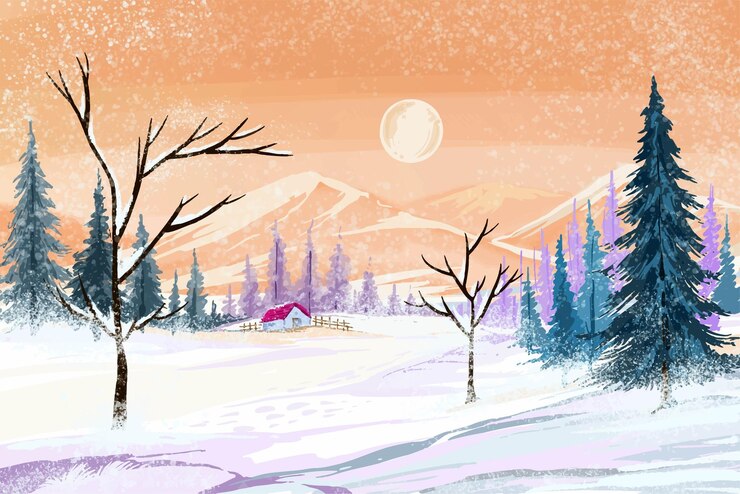 Vecteur gratuit paysage d'hiver avec la chute de la neige de noël et l'arbre à l'arrière-plan de la carte de vacances