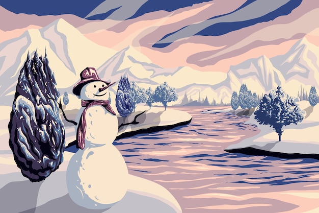Vecteur gratuit paysage d'hiver dessiné avec bonhomme de neige