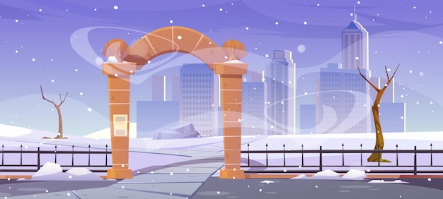 Vecteur gratuit paysage d'hiver avec entrée en arc de pierre au parc public, clôture métallique et bâtiments de la ville sur l'horizon. illustration de dessin animé de vecteur de jardin de ville avec le portail d'arcade, les gratte-ciel, les arbres nus et la neige