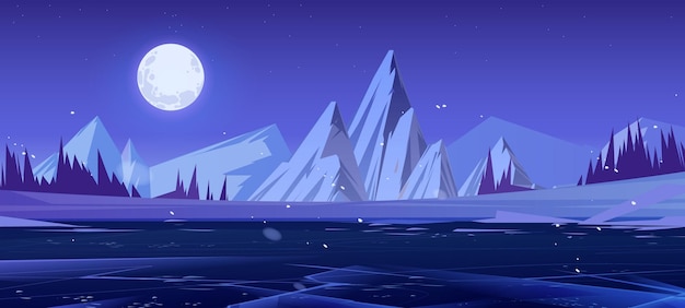 Vecteur gratuit paysage d'hiver avec glace et montagnes la nuit