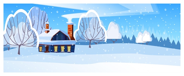 Paysage D'hiver Avec Illustration De La Maison Et Des Arbres