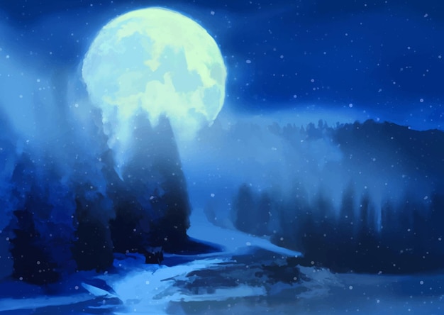 Vecteur gratuit paysage d'hiver de noël peint à la main avec un ciel au clair de lune