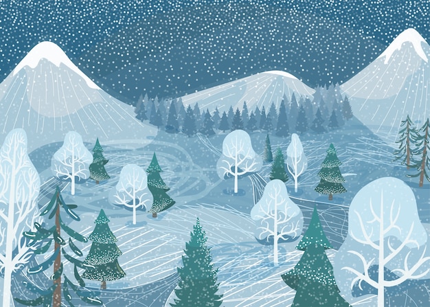 Paysage d'hiver. Scène enneigée de la forêt de montagne nature avec sapin, route, épinette, pin. Paysages de neige en plein air du nord.