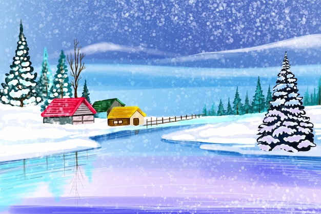 Vecteur gratuit paysage hivernal avec un arrière-plan de chalet