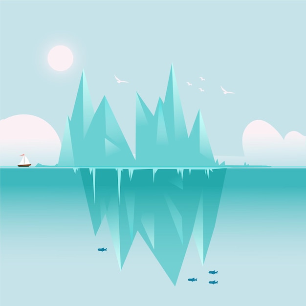 Vecteur gratuit paysage d'iceberg avec bateau et poissons