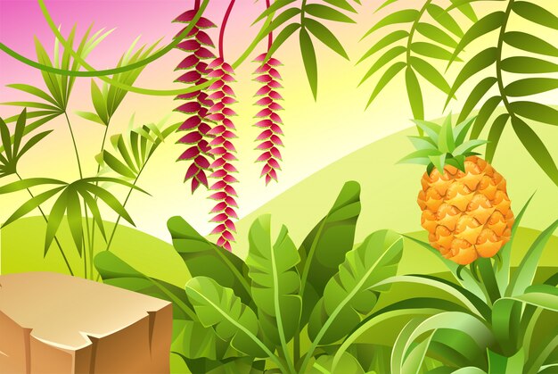 Paysage de jeu avec des plantes tropicales.