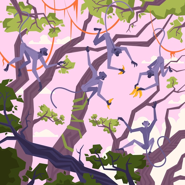 Paysage De Jungle Avec Des Arbres Tropicaux Illustration Singe Et Bananes