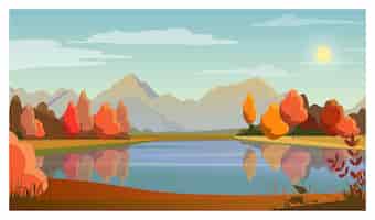 Vecteur gratuit paysage avec lac, arbres, soleil et montagnes en arrière-plan