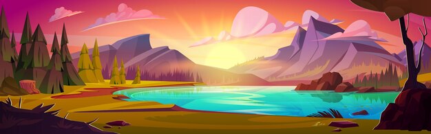 Paysage de lever ou de coucher du soleil avec forêt de montagnes rocheuses avec des sapins d'arbres et un lac d'eau bleue Vecteur de dessin animé de ciel orange et rouge avec des nuages Scène d'été ou de printemps avec des collines à l'horizon et la rivière