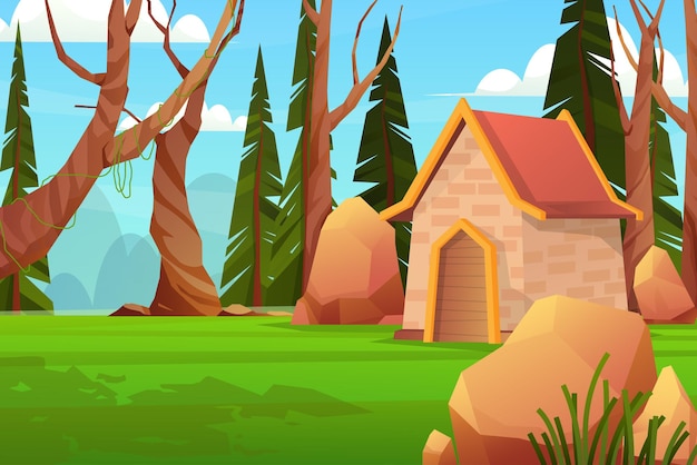 Vecteur gratuit paysage avec maison dans la scène printanière du parc naturel ou de la forêt dans la campagne, illustration vectorielle