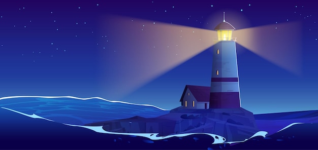 Vecteur gratuit paysage marin de nuit de dessin animé avec l'île de phare