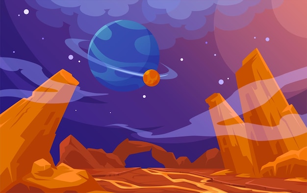 Vecteur gratuit le paysage de mars, l'arrière-plan de la planète extraterrestre, la surface de la terre rouge, les montagnes et la lave qui coule, saturne et les étoiles brillent sur le ciel sombre. toile de fond de jeu informatique extraterrestre martien, illustration de vecteur de dessin animé