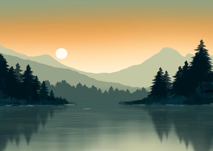 Vecteur gratuit paysage de montagne et d'arbres au coucher du soleil peint à la main
