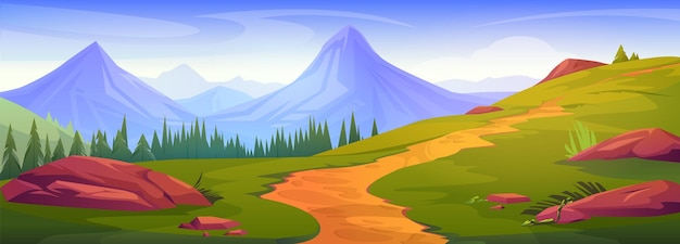 Paysage De Montagne De Dessin Animé Avec Sentier Et Forêt De Pins Illustration Vectorielle De Pics Majestueux à L'horizon Herbe Verte Grands Arbres Pierres Au Sol Paysage D'été Pour La Randonnée Loisirs