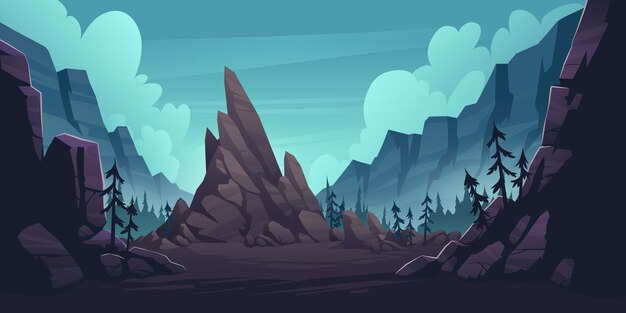 Paysage de montagne avec forêt et falaise solitaire.