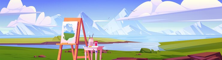 Vecteur gratuit paysage de montagne et de mer pour dessiner sur chevalet