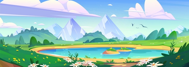 Vecteur gratuit paysage de montagne de printemps avec lac et fleurs colorées illustration de dessin animé de vecteur de pics rocheux majestueux collines vertes et vallée étang bleu sous un ciel ensoleillé avec des nuages conception de bannière de vacances