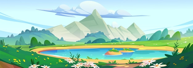 Vecteur gratuit paysage de montagne de printemps avec lac et fleurs colorées illustration de dessin animé de vecteur de pics rocheux majestueux collines vertes et vallée étang bleu sous un ciel ensoleillé avec des nuages conception de bannière de vacances