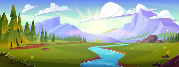 Vecteur gratuit paysage de montagne avec une rivière dans une vallée verte illustration de dessin animé vectoriel d'un bel arrière-plan naturel avec de l'herbe verte et des sapins forêt ruisseau d'eau coulant vers les rochers nuages dans le ciel ensoleillé