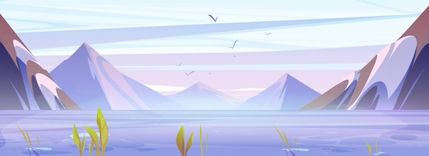 Vecteur gratuit paysage de montagne tôt le matin avec vue sur le lac illustration calme de dessin animé vectoriel d'une belle scène naturelle avec brume ou brume rocheuse de la chaîne alpine sous les oiseaux de rivière volant dans un ciel pastel clair