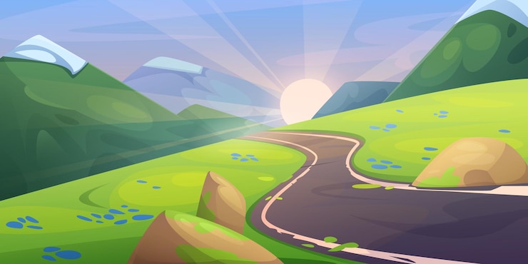 Vecteur gratuit paysage de montagnes au coucher ou au lever du soleil en été