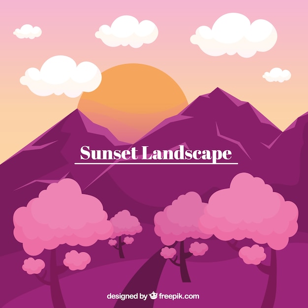 Vecteur gratuit paysage avec des montagnes, coucher de soleil